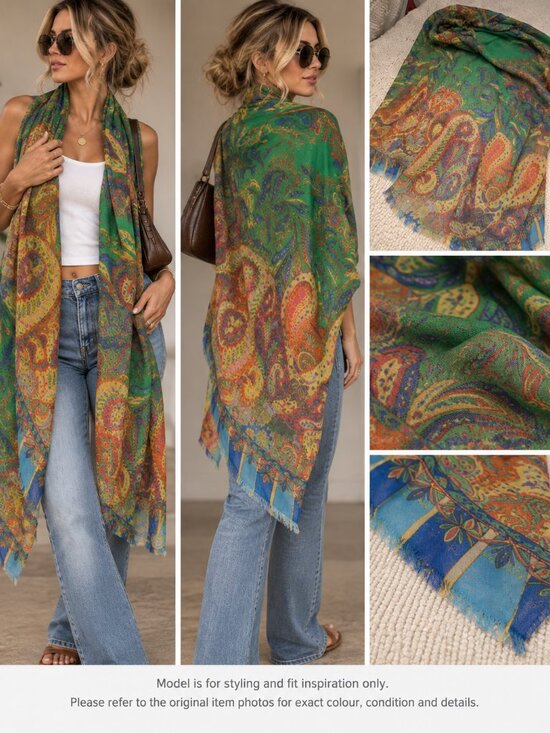 Unbranded Accessories - 726 - Oversized Green Paisley Scarf Wrap Boho Multicolor Fringe Shawl